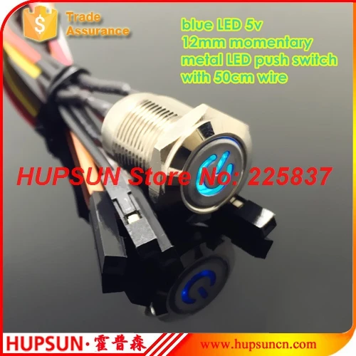 5pc waterproof LED 5v 12mm momentary push button switch w/ 50cm wire