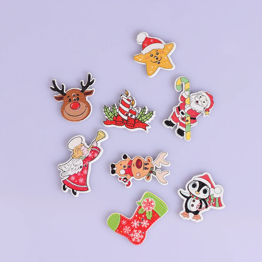 

50Pcs 2 Holes Handmade Wood Sewing Decorative Buttons Scrapbooking Christmas Pattern Santa Claus Deer For Cloth Decoration