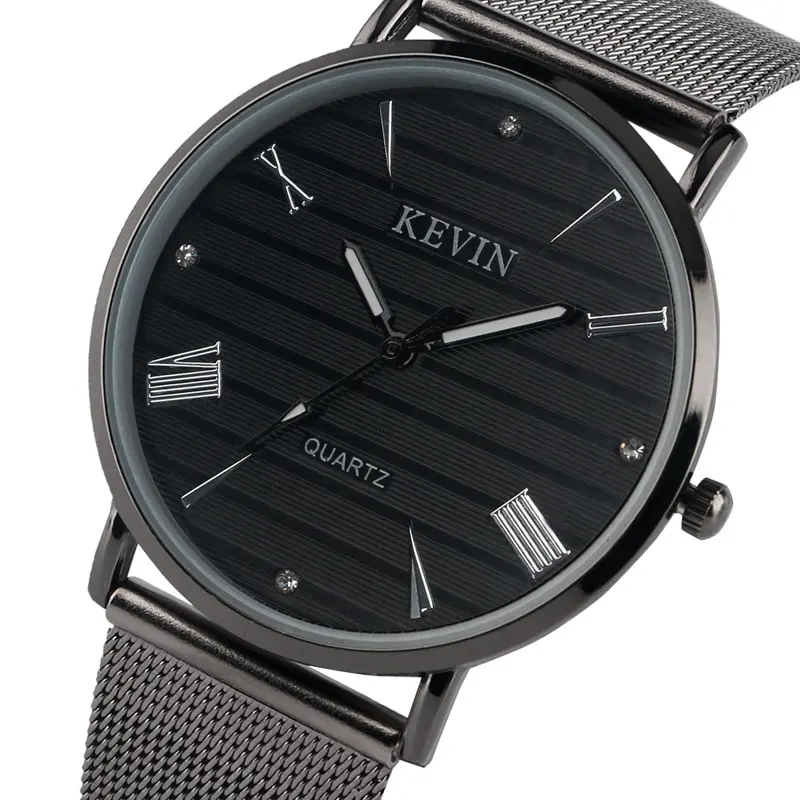 

KEVIN Thin Watch Wrist Women Men Casual Vintage Black Quartz Watches Tiny Mesh Strap Trendy Modern Sport Dress Business Clock