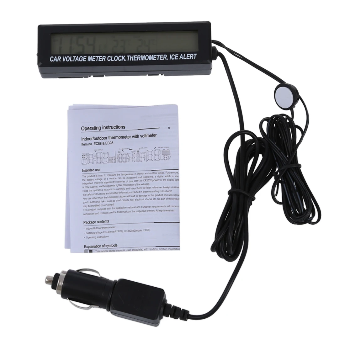  12V/24V Car Voltage Monitor Battery Alarm Temperature Thermometer Clock display