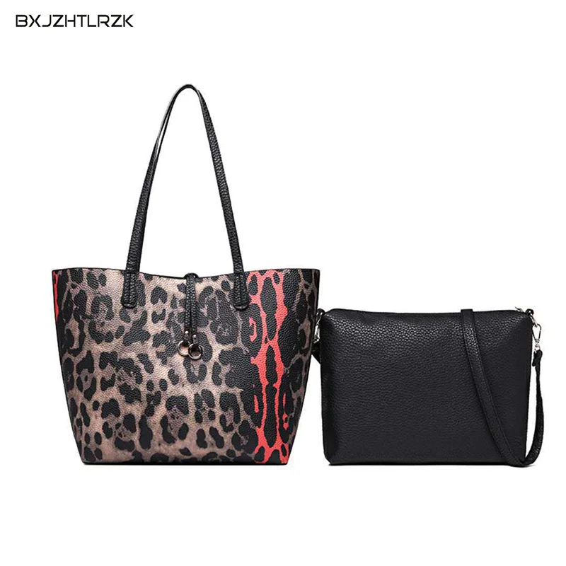 

Winter 2Pcs/Set High Quality Woman Leopard Casual Style Large Capacity Hand Bag And A Small Shoulder Bag Multi function Lady Bag