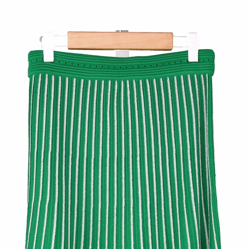 Зеленые полосатые тонкие длинные плиссированные вязаные юбки Весна новое поступление женские милые юбки в пол