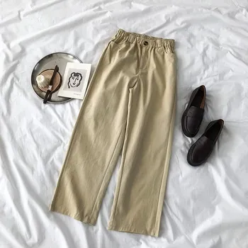 

Summer Cotton Ankle Pants for Women Korean Elastic Waist Casual Cotton Blend Solid Wide Leg Pants Female