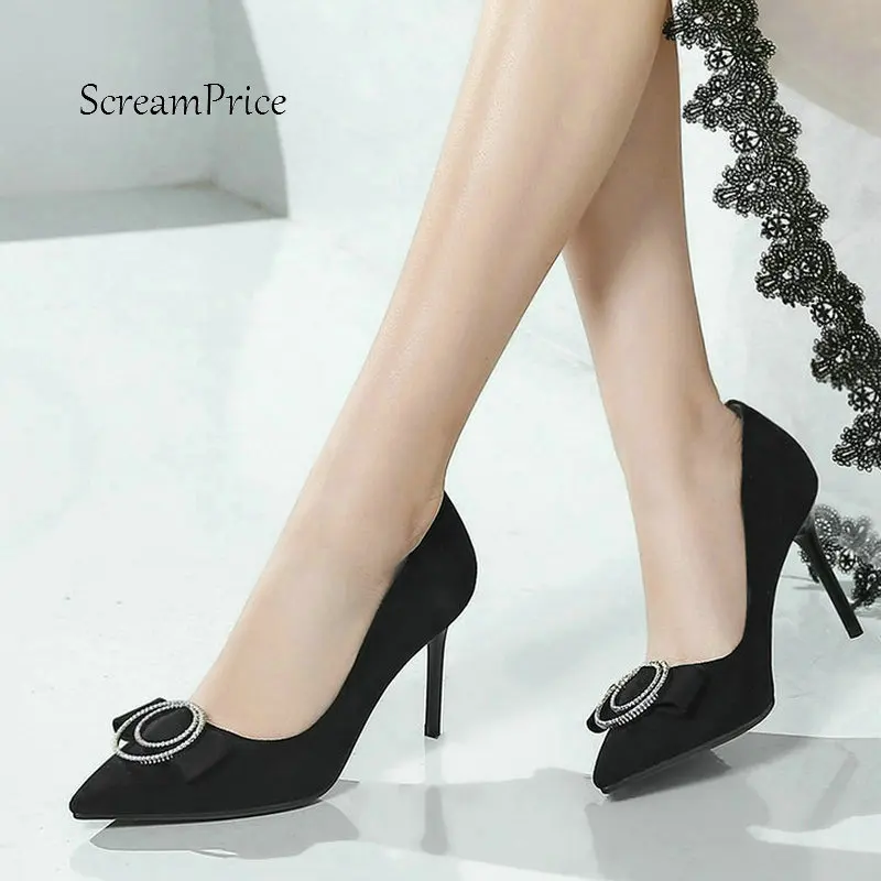 

New Sweet Bow Knot Thin High Heel Flock Slip On Lazy Shoes Fashion Pointed Toe Dress Women Pumps Red Black