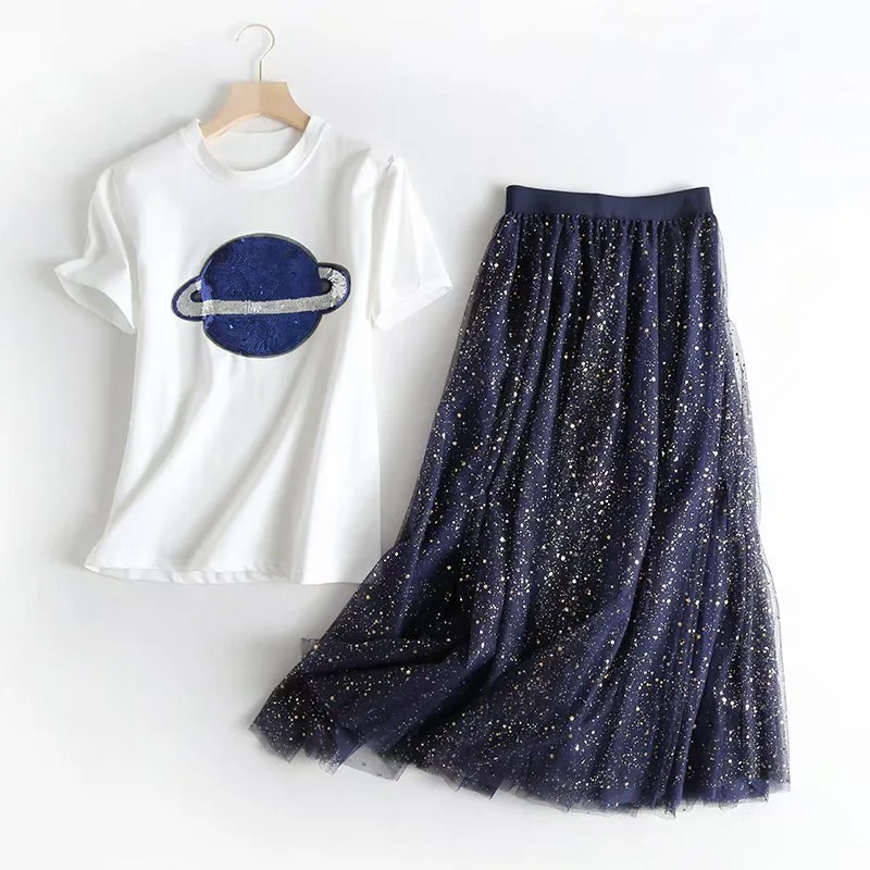 

Summer 2019 Fashion Women's Sets Short Sleeves Sequin T-Shirt + Mesh Skirt Beautiful Two Pieces Set Female Party Suits