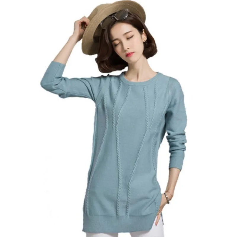 

Autumn/winter Female Sweater Loose Knitting Sweater Women Sweater Long Low O-Neck Pure Color Garment
