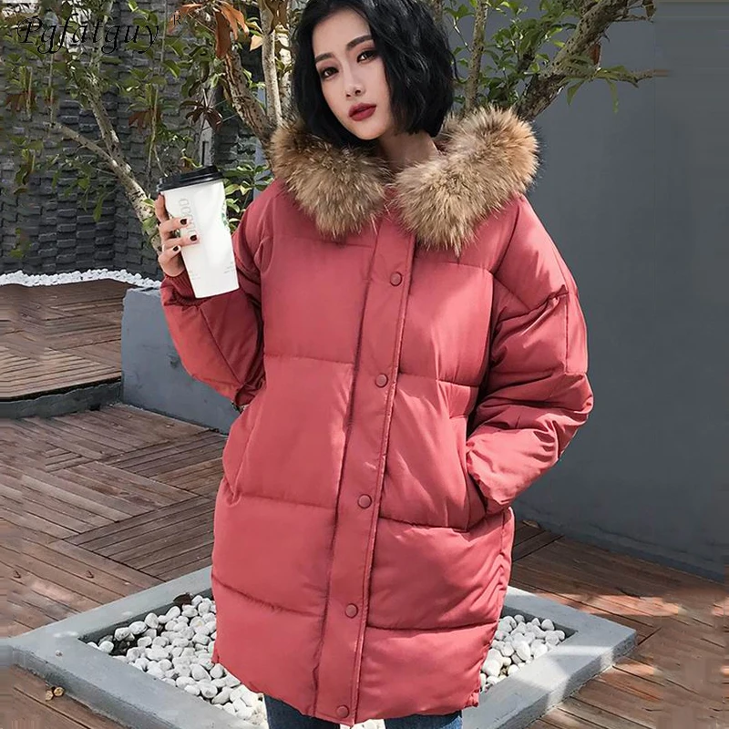 Invierno de ladrillo rojo chaqueta de las mujeres 2018 de algodón-chaqueta acolchada grande de piel capucha Collar Parkas abrigo invierno espesar abrigo Mujer - AliExpress