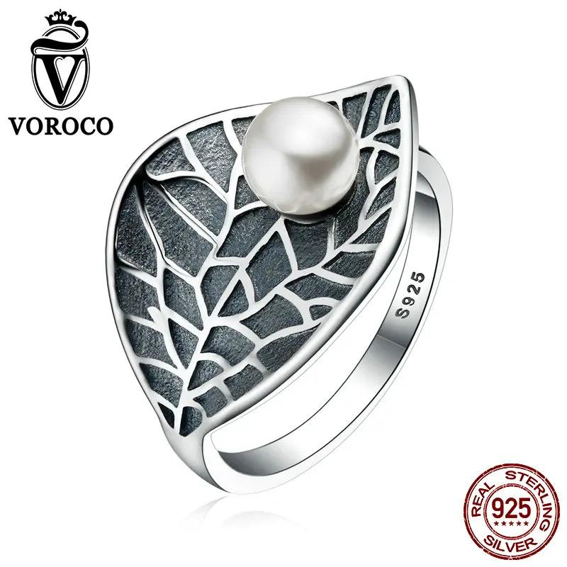 

VOROCO New Arrival Retro Style Genuine 925 Sterling Silver Leaves Leaf Natural Pearl Finger Cuff Rings for Women Fine Jewelry