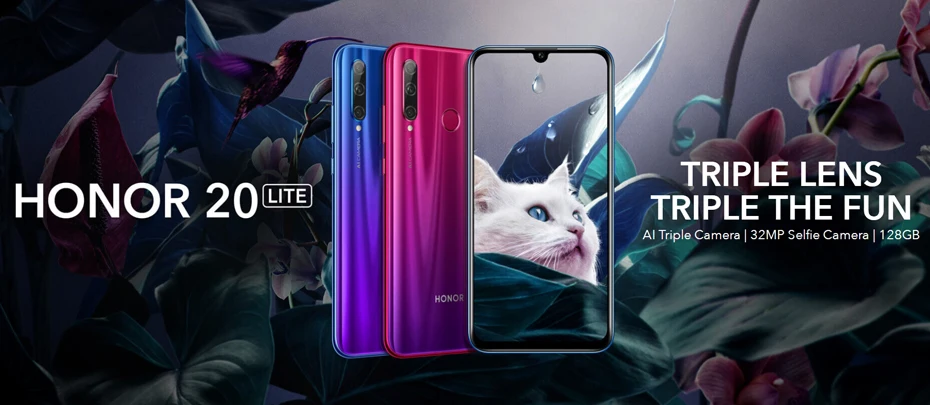 Глобальная версия Honor 20 Lite, 4 Гб, 128 ГБ, фронтальная, 32 МП, Kirin 710, четыре ядра, Android 9,0, мобильный телефон с функцией распознавания лица, 24 МП, камера заднего вида