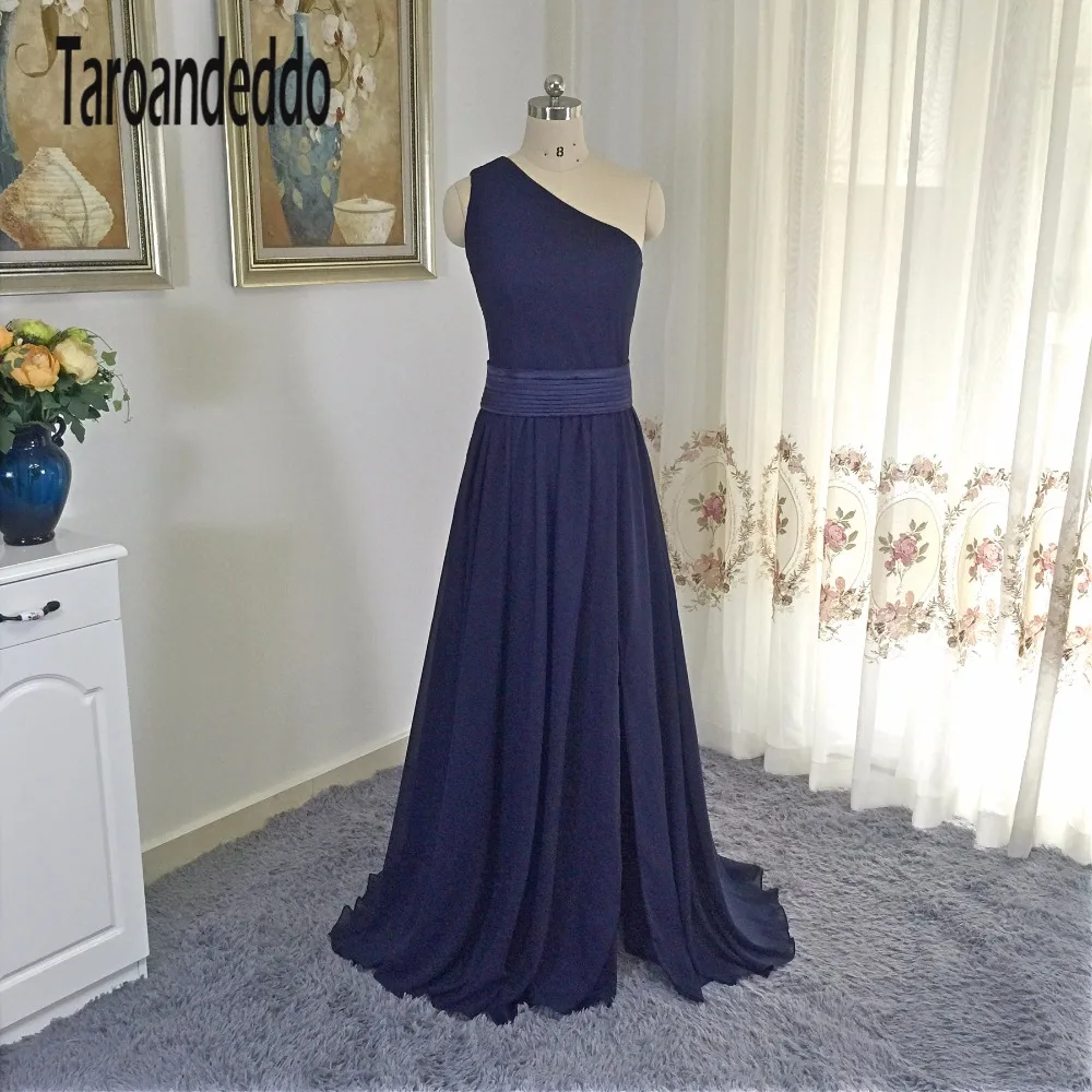 One Shoulder Dress with Satin Sash VW360215 Dark Blue Bridesmaid