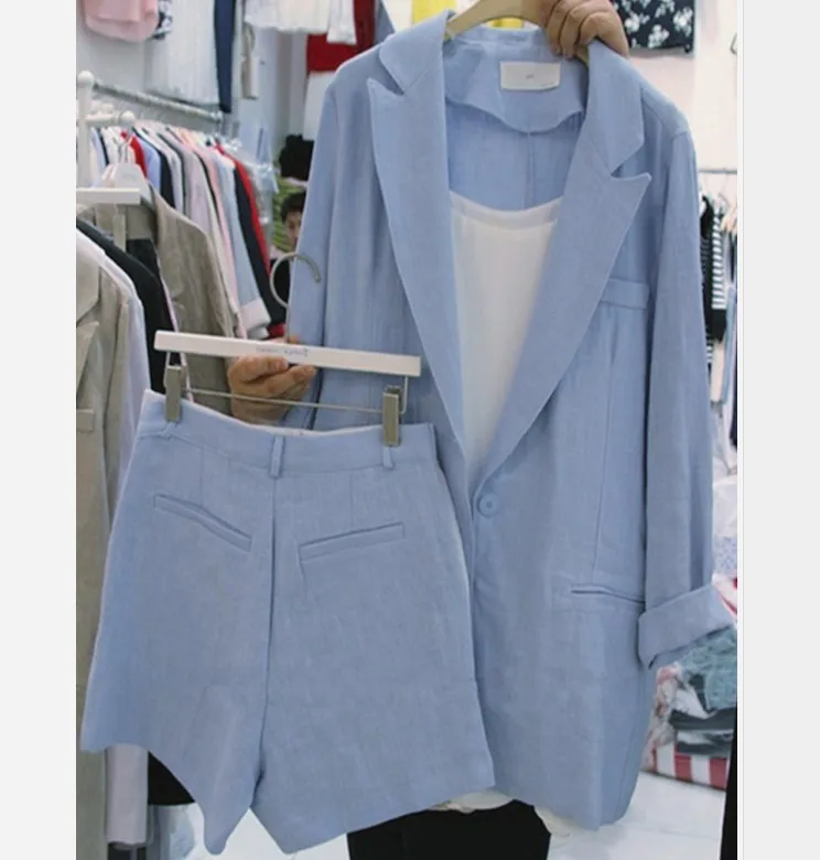 

2019 New Spring Fashion Women's Pure Color Long Suit Blazer Jacket + Shorts Two Piece Casual Cotton and Linen Short Set