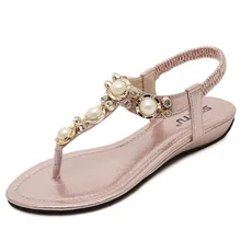 2016 Korean Flat Rhinestone Sandals font b Women b font Flip Flop String Bead Casual Summer