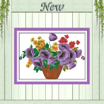 

Purple potted flower vase 11CT patterns printed on the canvas 14CT needlework diy dmc cross stitch chinese Sets Embroidery kits