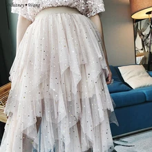 WHITNEY Ван сезон: весна–лето уличной моды блестящие звезды слоистых Юбка из сетчатой ткани Для женщин Faldas Saia