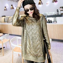 

New Autumn and Winter Women's Gold Sweater Round Neck Casual Gold / Silver Fashion Sweater Ladies Loose Sweater Femme Tops