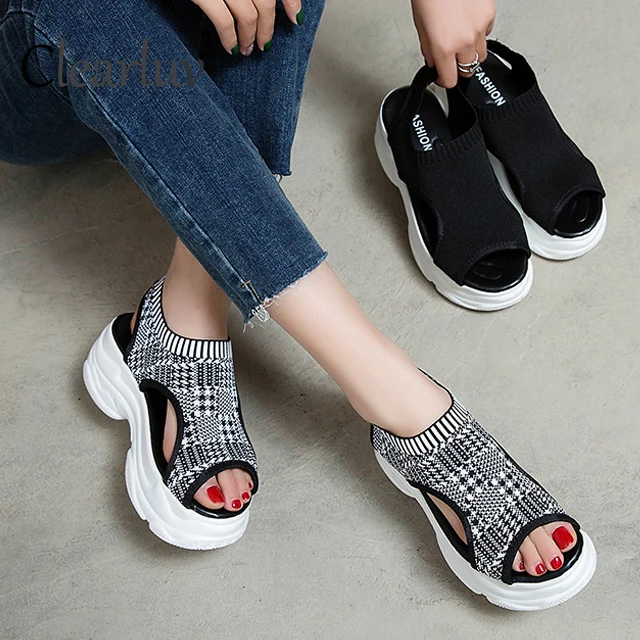 

2019 summer new muffin stretch cloth thick bottom sandals wild comfortable casual shoes open toe slip fish mouth sandals C1266