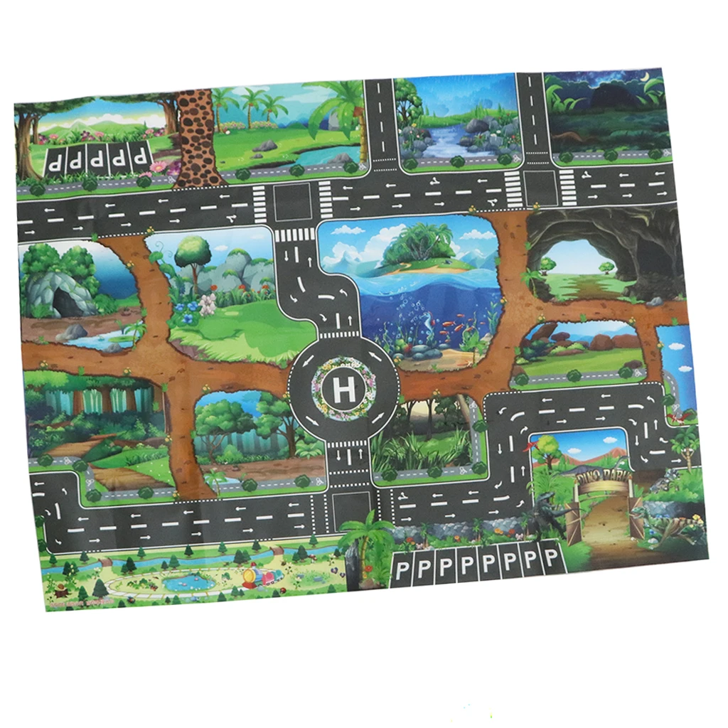 Dinosaur World Road Traffic System Playmat Activity Play Mat Carpet Educational Toy for Playing Cars & Train Track Playroom Fun