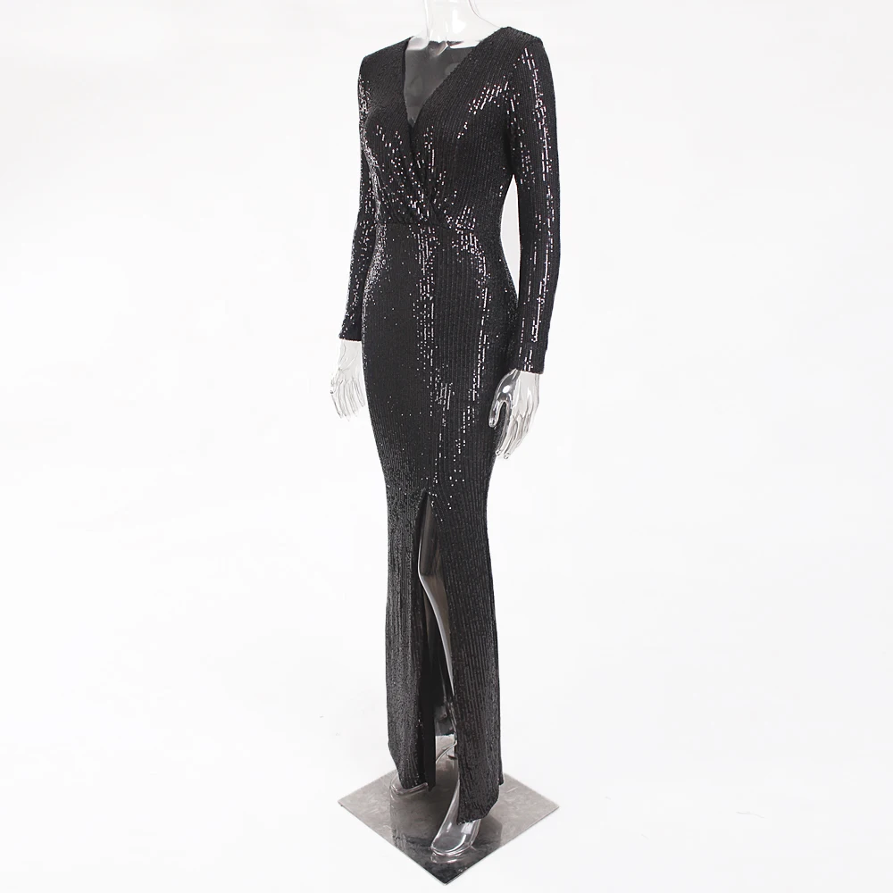 Элегантное черный Платье с блестками платье для вечеринки платья с запахом V-образный вырез длинное платье эластичный платья с запахом элегантное платье