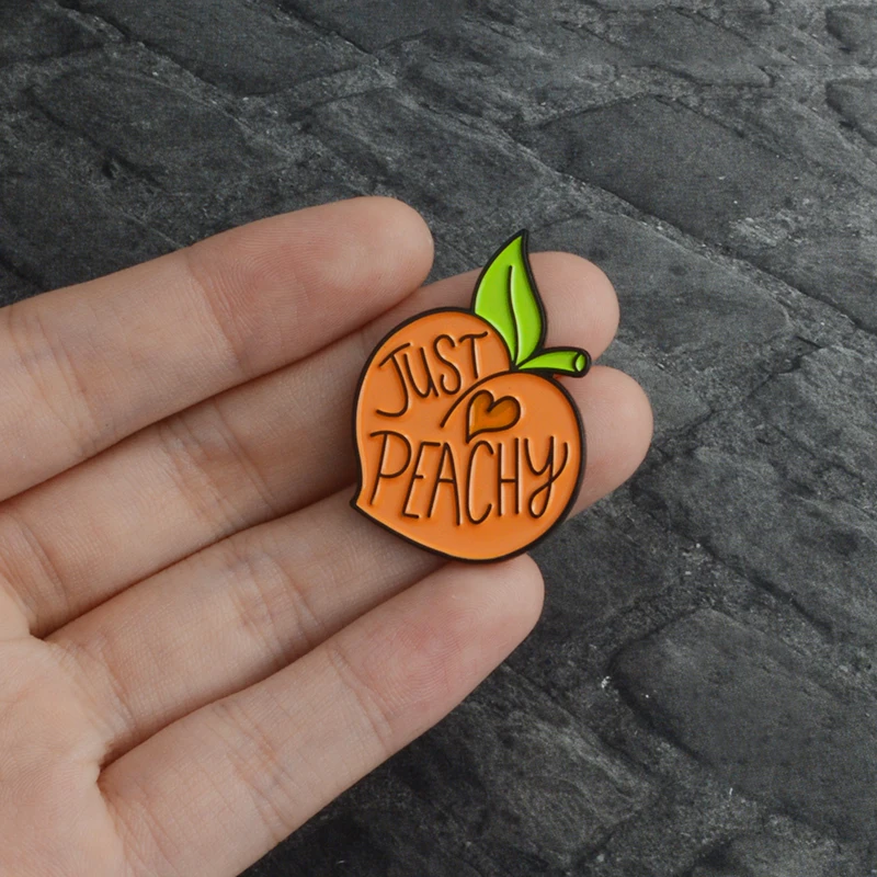 

JUST PEACHY Enamel Brooch Fruit peach Denim Clothes cap bag Lapel Pin Button Badge Cartoon Plant Jewelry Gift for Friends