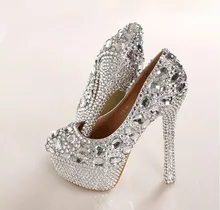 Luxury Fashion Silver High Heels Crystal Wedding Shoes Lady Glitter Bridal Dress Shoes Round Toe Full Grain Leather Shoes women