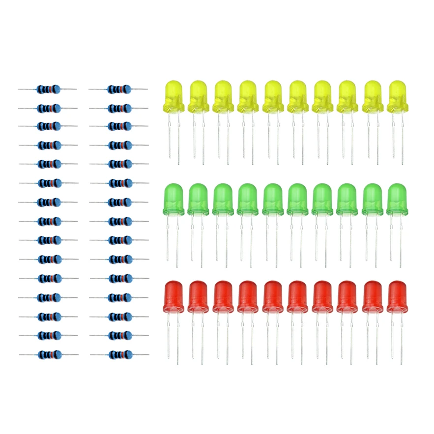 

Three Color Red Green Yellow LED Lamp Experimental Package Include 30pcs LED + 30pcs Resistance Suitable for arduino DIY KIT