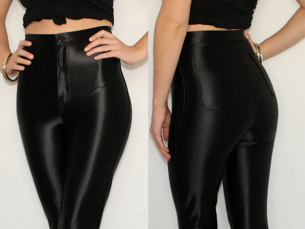 high waisted shiny disco pants, high waist lady disco pants