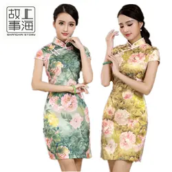 Шанхай история новая распродажа высокого качества пион напечатаны cheongsam хлопок Традиционный китайский Стиль винтажное платье 2 цвета