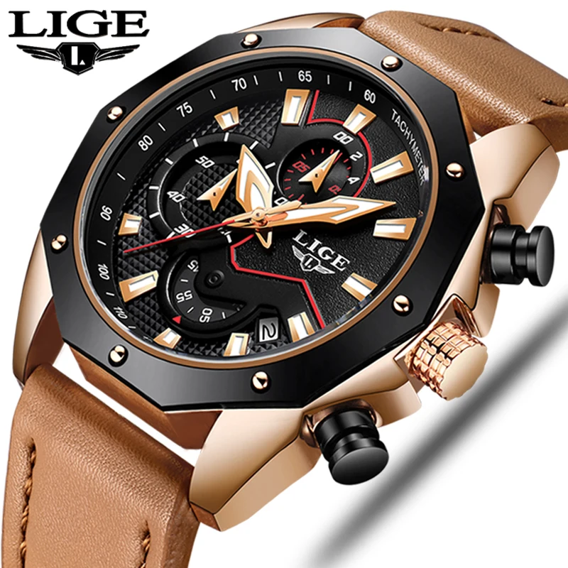 

2018 Mens Watches Top Brand Luxury LIGE Waterproof Military Sports Watch Men Leather Casual Quartz Wristwatch Relogio Masculino