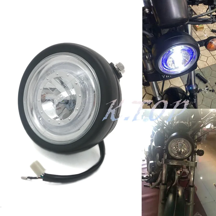 Motorcycle Black Metal Headlight With Blue LED Angel Eye For CG GN125