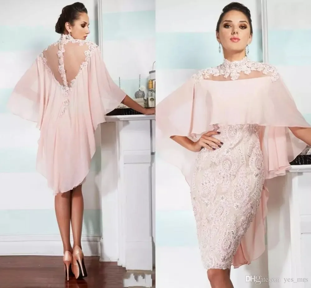 

High Neck Pink Chiffon Lace Applique Beaded With Cape Custom Sheer Back evening gown vestido novia Mother off bride dresses
