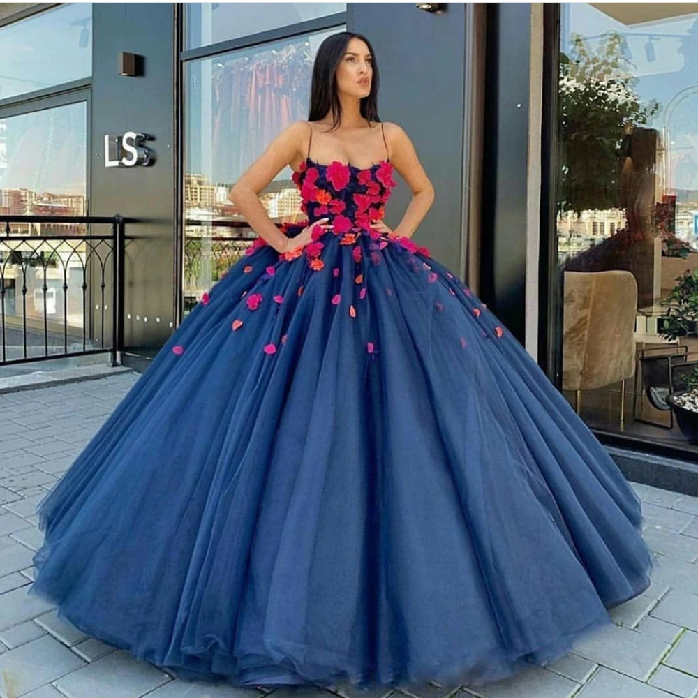 

flowers prom dresses 2020 hand made flowers puffy tulle navy spaghetti neckline ball gown evening dresses