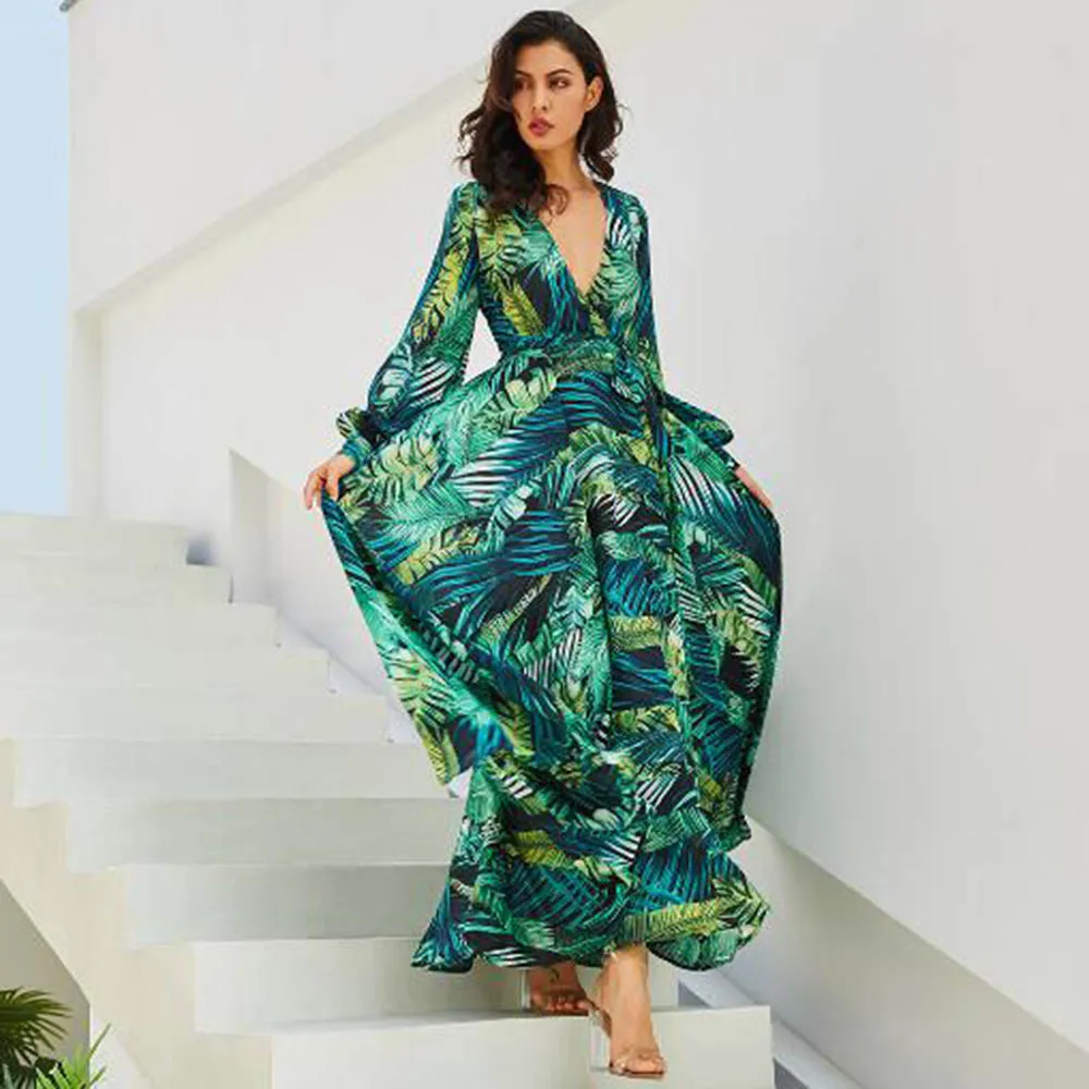 Boho Long Sleeve Dress Green Tropical Beach Vintage Maxi Dresses Casual