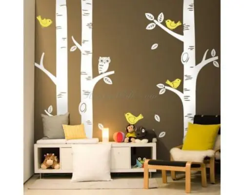 

G254 3 Birch Trees with Birds and Owl wall decals sticker Kids Room mural decor Decorative art of living room wall stickers