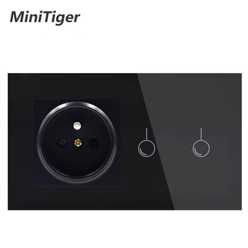 

Minitiger French standard Wall Power 16A Socket And 1 Gang 1 Way Wall Light Touch Switch White Crystal Glass Panel Touch Switch