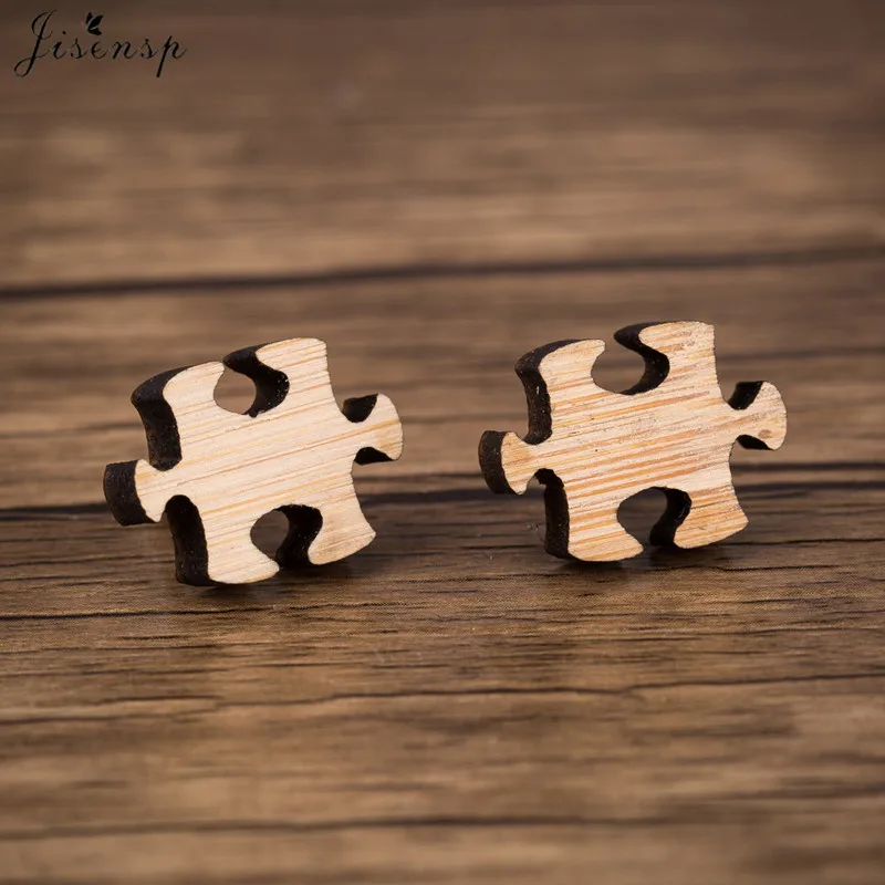 

Jisensp Fashion Cartoon Earrings for Women Simple Design Tiny Jigsaw Puzzle Stud Earrings Wood Jewelry Geometric Studs oorbellen