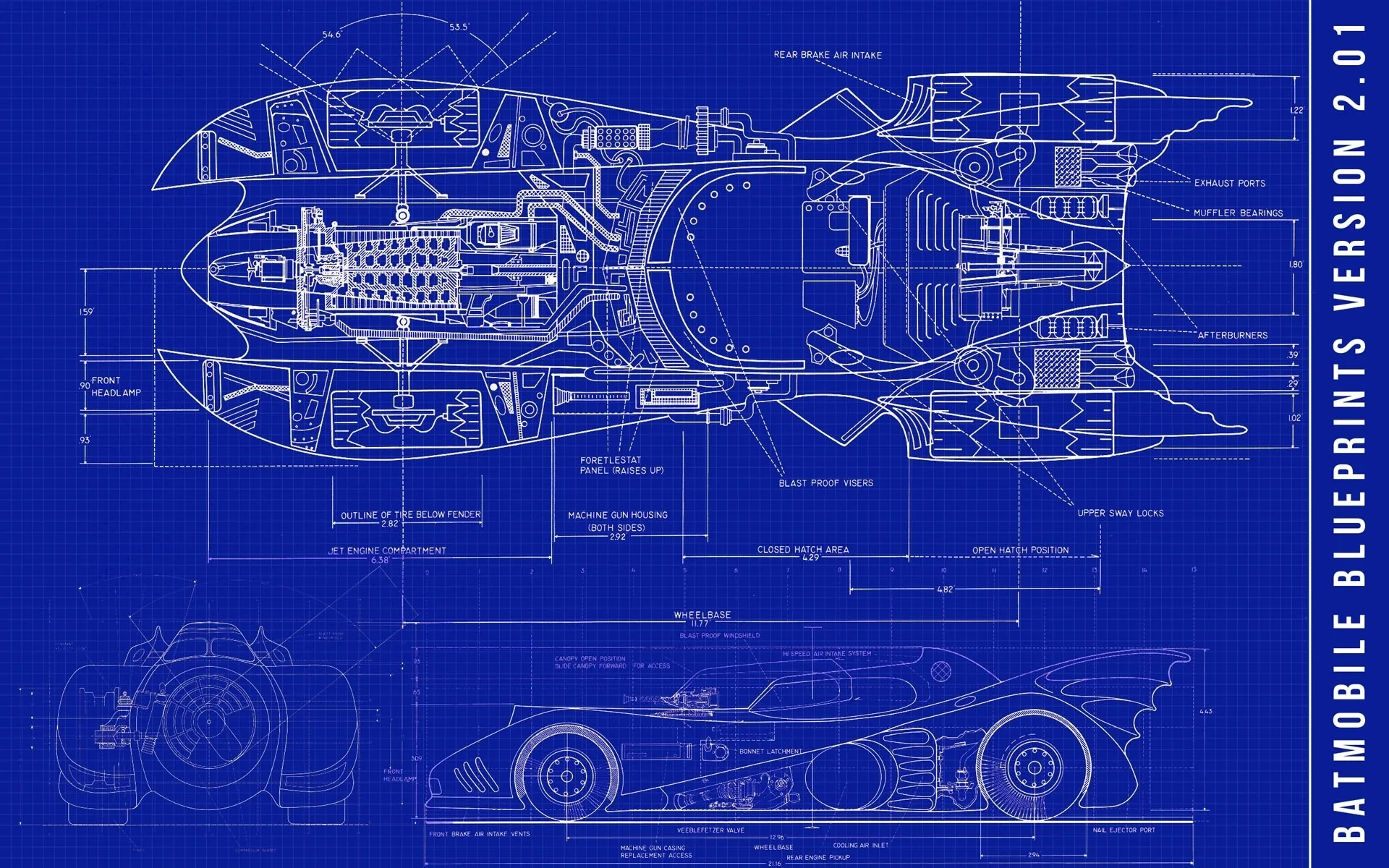 Bat Mobile Super Car Blueprints Sci Fi Science Fiction Retro Vintage