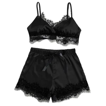 

Summer Fashion 2pcs Pajamas Sets Women Lace Satin Nightwear Sexy Lingerie Pajamas Split pajamas Set Home Service New