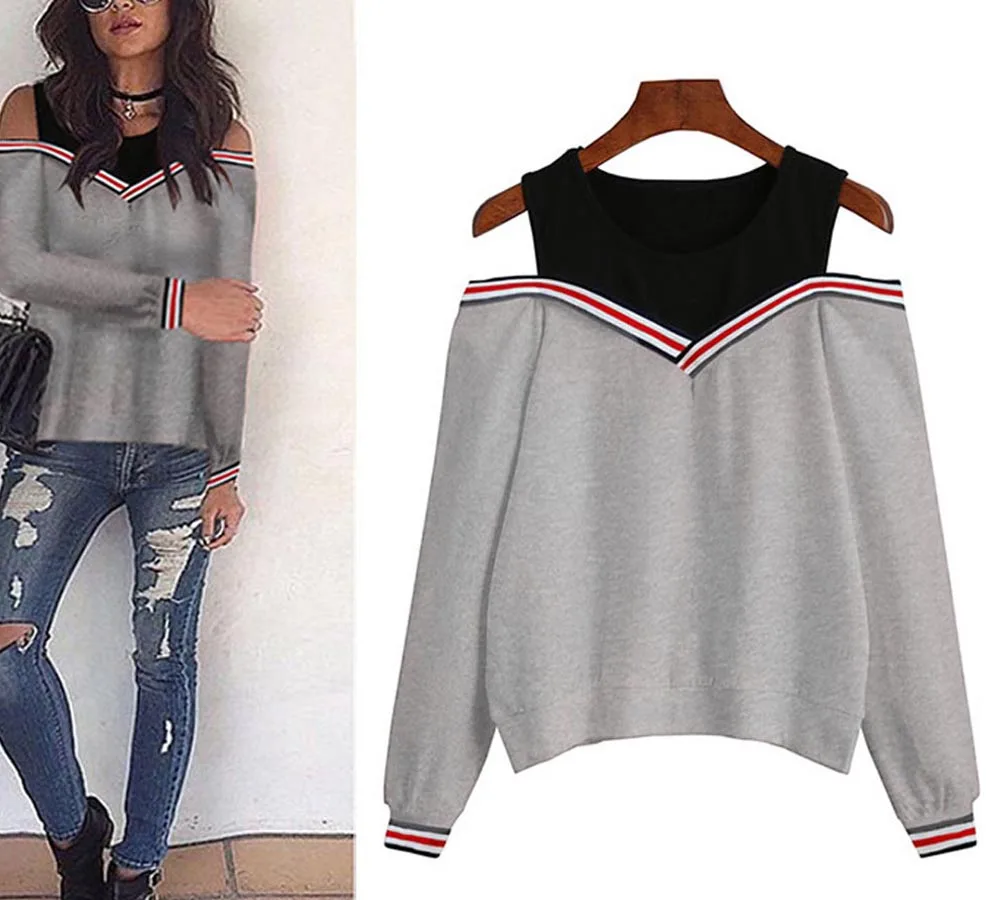 Hitmebox 2019 New Autumn Winter Women Fashion Sexy Off Cold Shoulder Pullover Tops Laides Color Block Hooded Sweatshirts 3colors | Женская