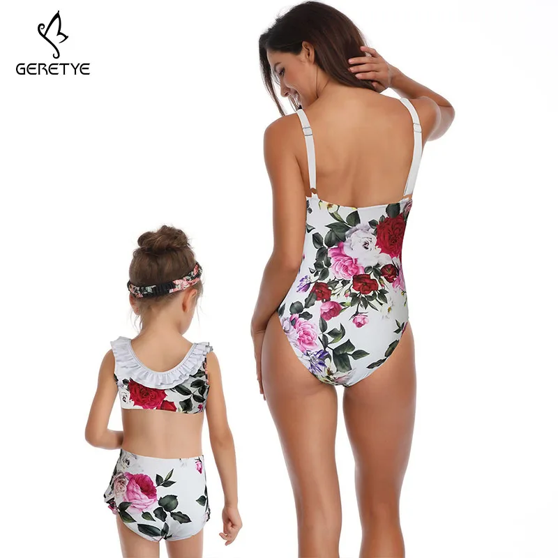 2019 Backless Parent-child Swimwear New One Pieces Women Child Suit Floral Print Tops Female Kid Suit Sexy Fashion Swimsuit