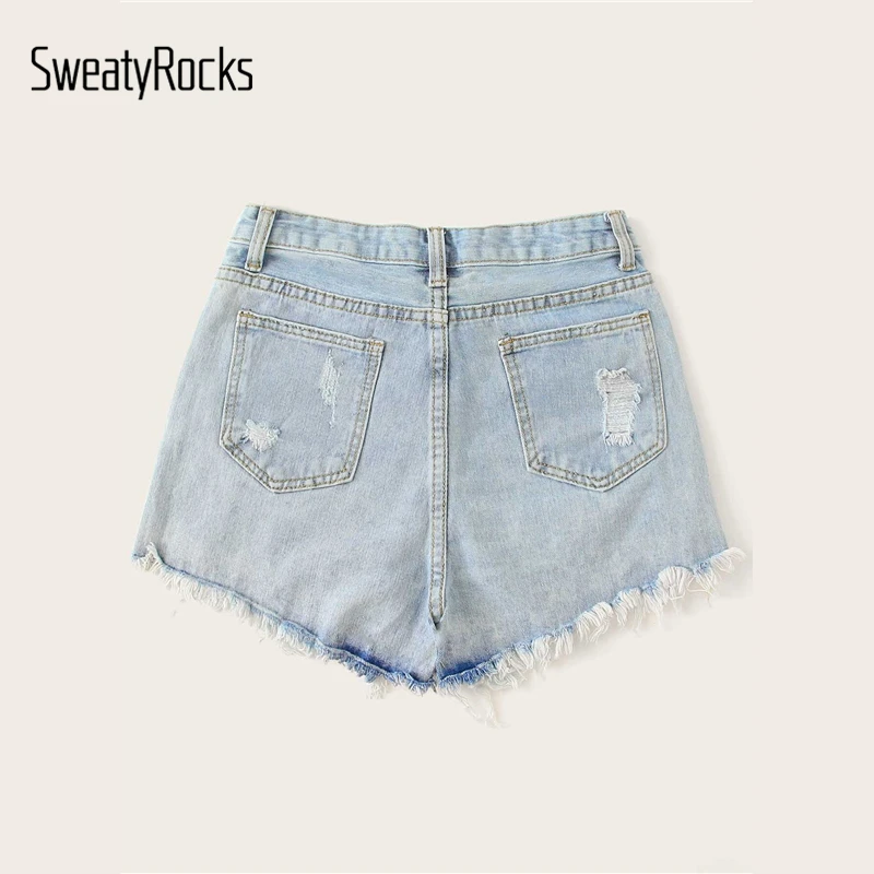 SweatyRocks, рваные потертые джинсовые шорты, уличная одежда, повседневные шорты на пуговицах, летние прямые женские однотонные шорты