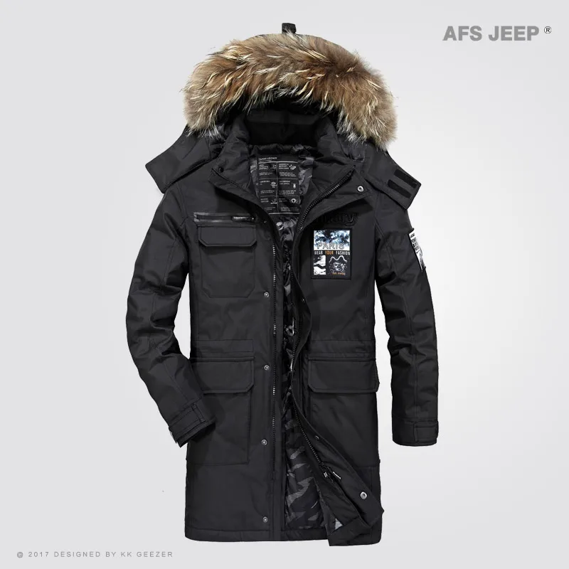 Зимние куртки, пуховое мужское длинное пальто, парки на утином пуху 80%, деловая ветровка, плотное пальто, стеганая парка, модная повседневная брендовая военная одежда - Цвет: Черный