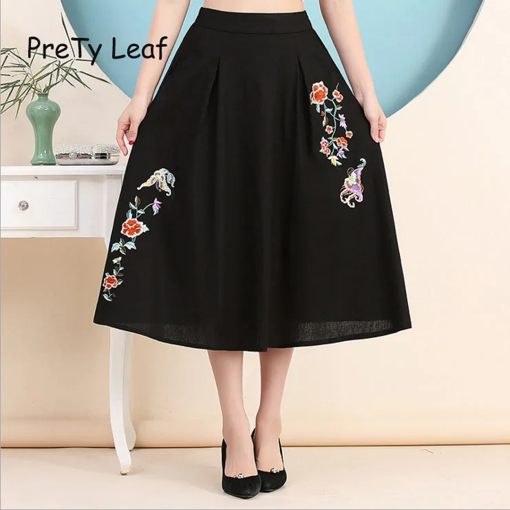 spring high waist ethnic style embroidery cotton and linen skirt