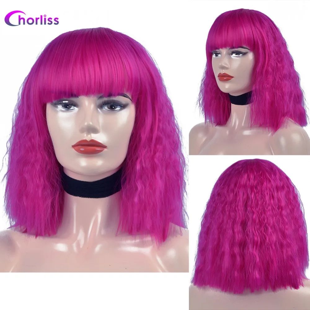 Chorliss Synthetic Wig Full Wigs Bangs Water Wave Short Women Wig Pink Blonde Gold Grey  (10)
