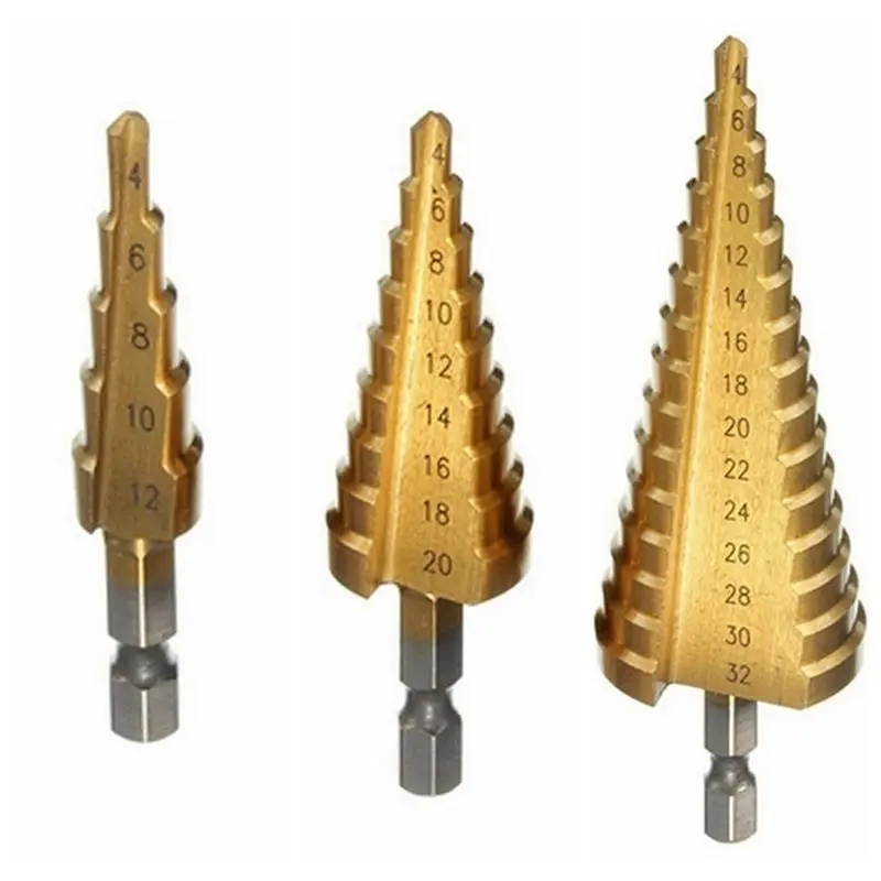 Hot 3Pcs Large HSS Steel Step Cone Drill Titanium Bit Set Hole 4-12/20/32mm Dint Hot 3Pcs Large HSS Steel Step Cone Drill Titanium Bit Set Hole 4-12/20/32mm Dint