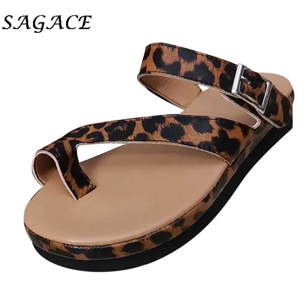 

SAGACE Shoes Women leather flat sandals Leopard print Open Toe shoes rubber beach sandals 2019 summer ladies casual sandals