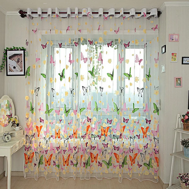 

2019 Cortina Butterfly Window Sheer For Kids Bedroom Print Colorful Tulle Curtains For Delicate Smooth Polyester Voile Drape