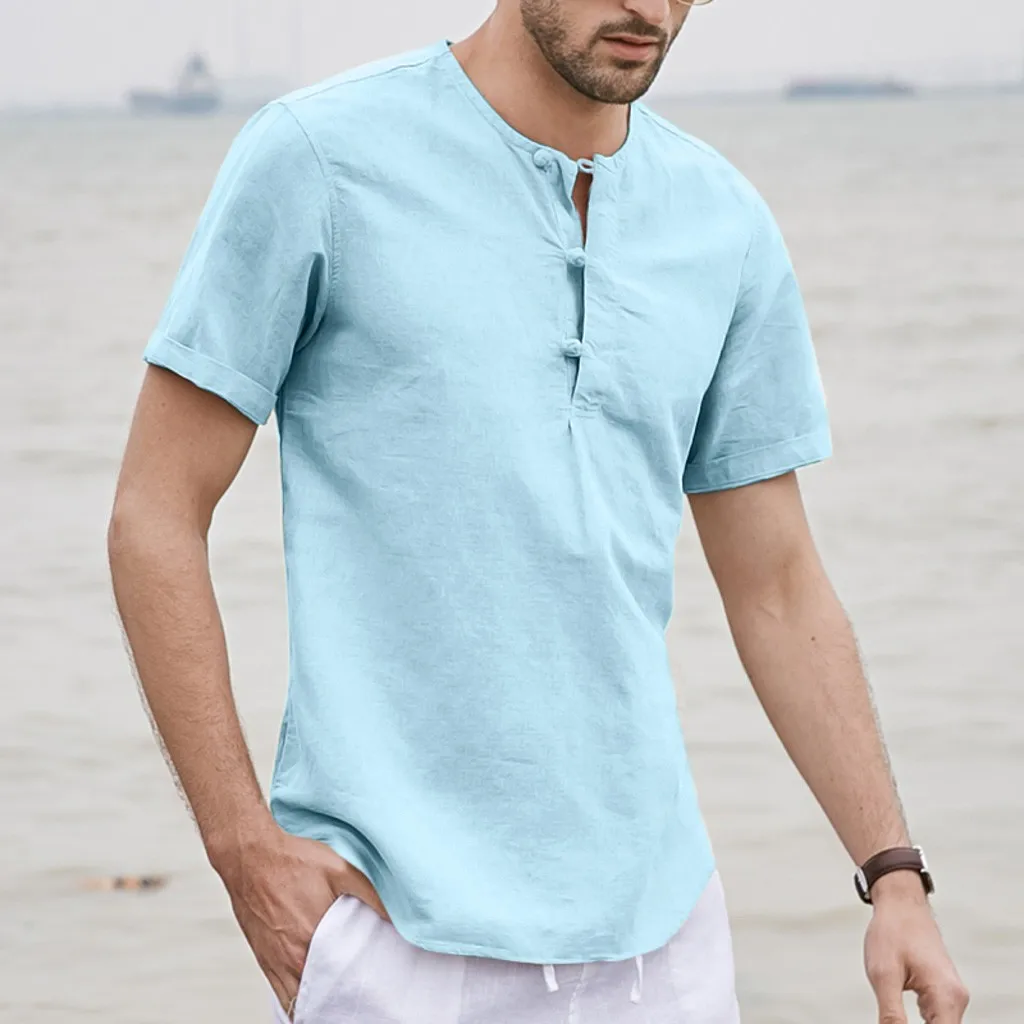 Модная мужская летняя льняная рубашка с коротким рукавом и 0 воротником, однотонная свободная приталенная Повседневная рубашка, мужская блуза, camisas de hombre