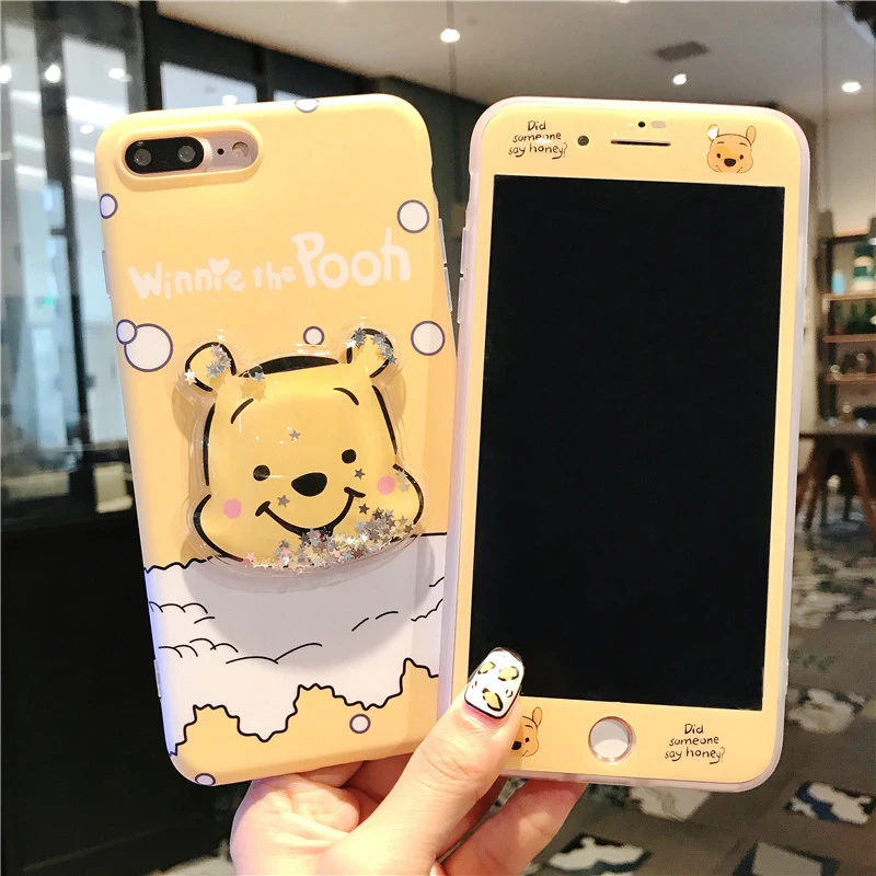

For iPhone XS max Cute piglet winnie liquid soft Case + Tempered Glass Screen film for iPhone XR X 8 8plus 6 6S 6SP