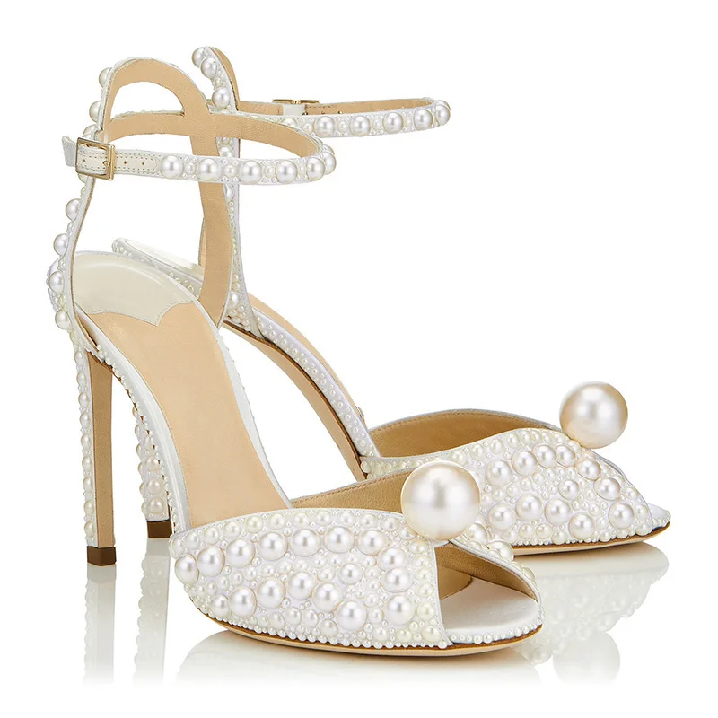 

Summer Glossy Pearl Full Studs Wedding Sandals Women Big Pearl Stilettos Peep Toe Ladies Ankle Strap Elegant Party High Heels