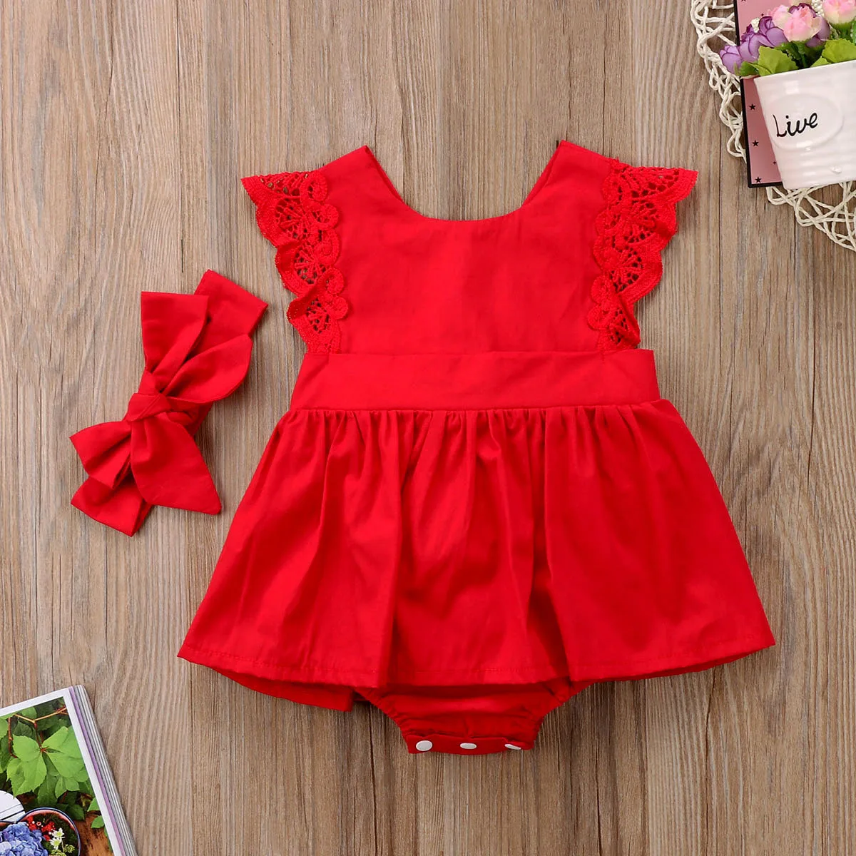 Новая модная одежда для новорожденных и маленьких девочек, красное боди+ повязка на голову, детское платье, наряд для 0-24 месяцев